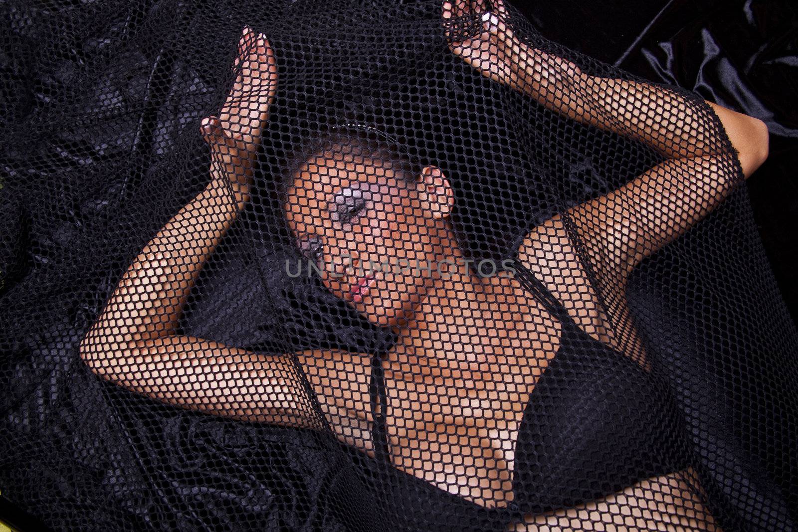 Attractive Woman Trapped In Black Fishnet