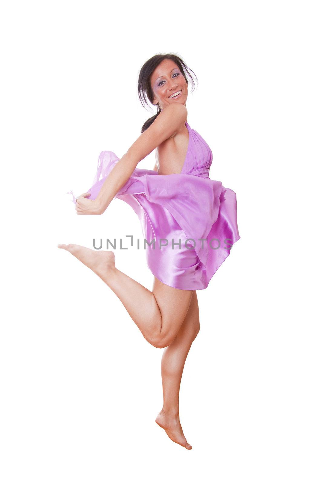 Happy Woman In Violet Silk Dress Jumpin by adamr