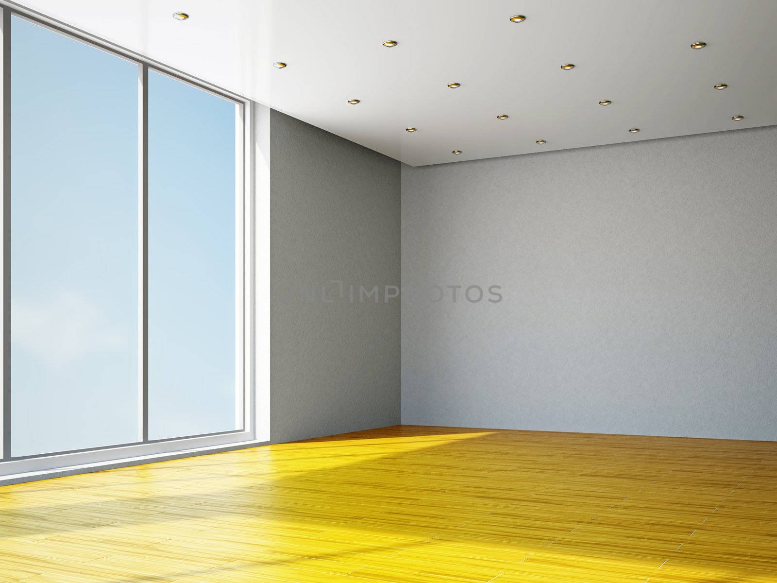 The empty room with big panoramic window