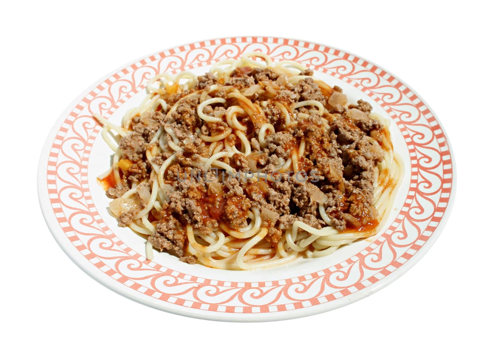 Spaghetti with forcemeat on a plate.
