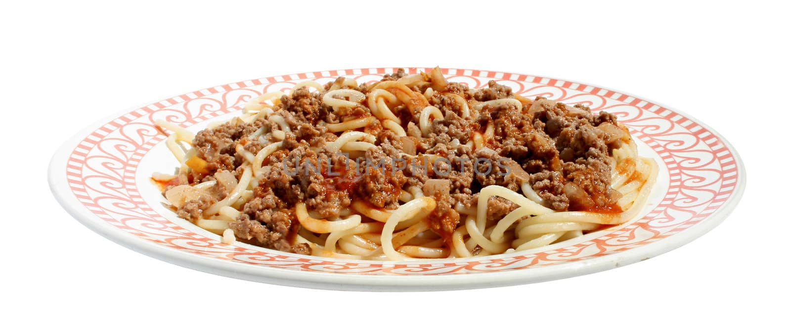 Spaghetti with forcemeat on a plate.