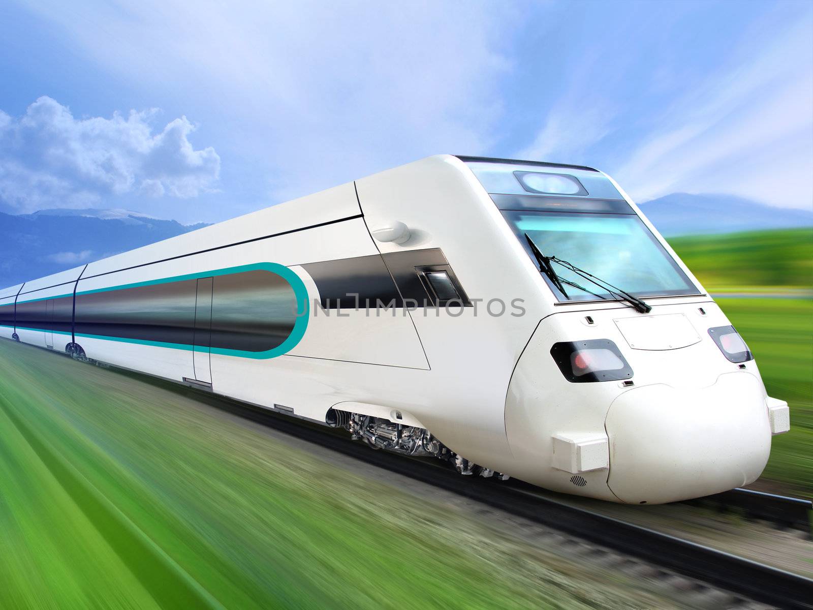 super streamlined train with motion blur moves on countryside