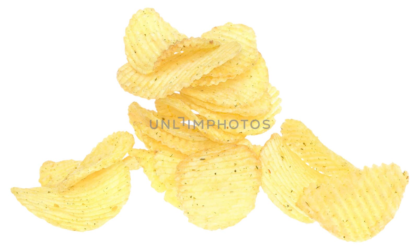 Potato chips on a white background.