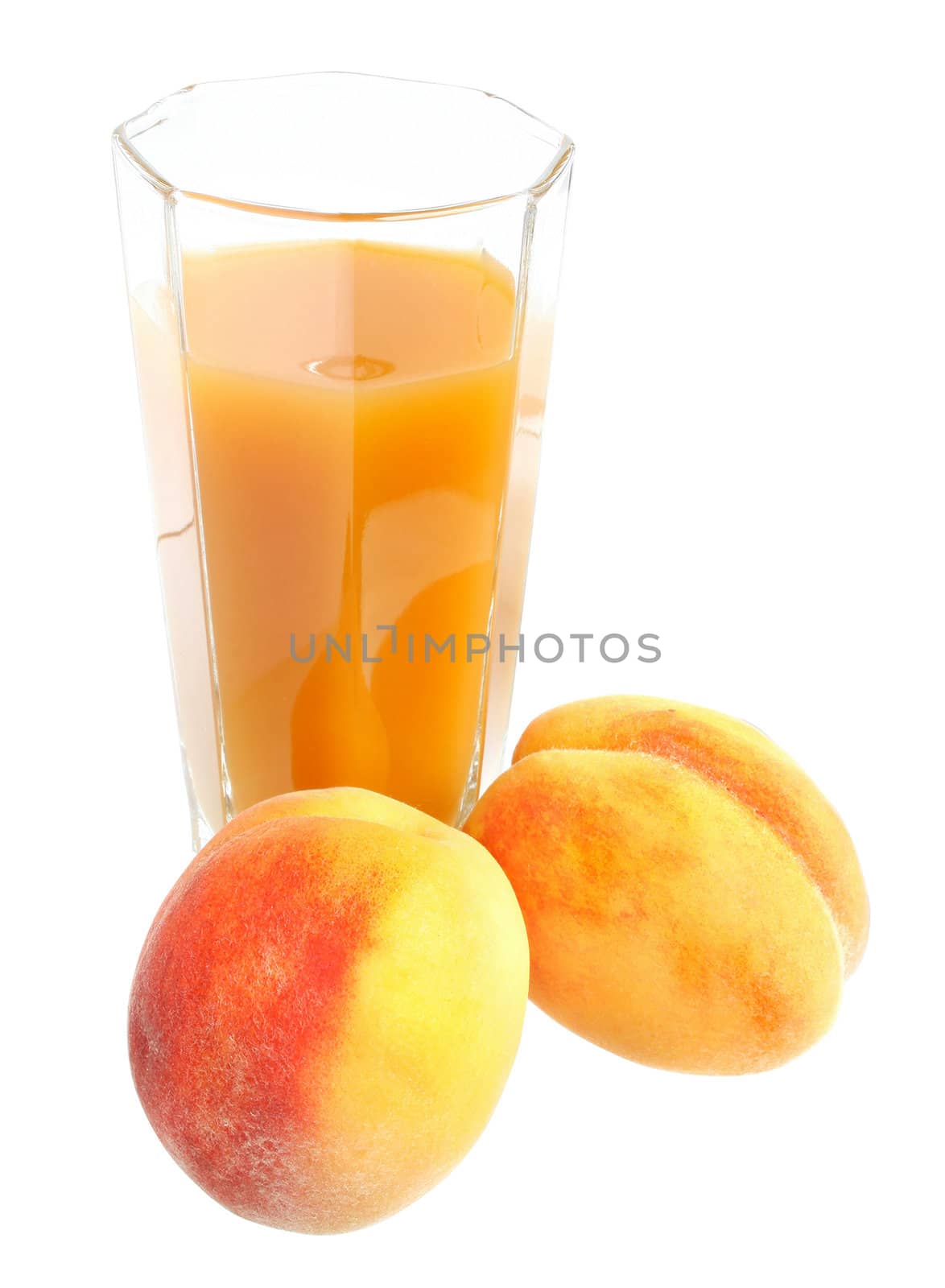 Peaches juice on white background.