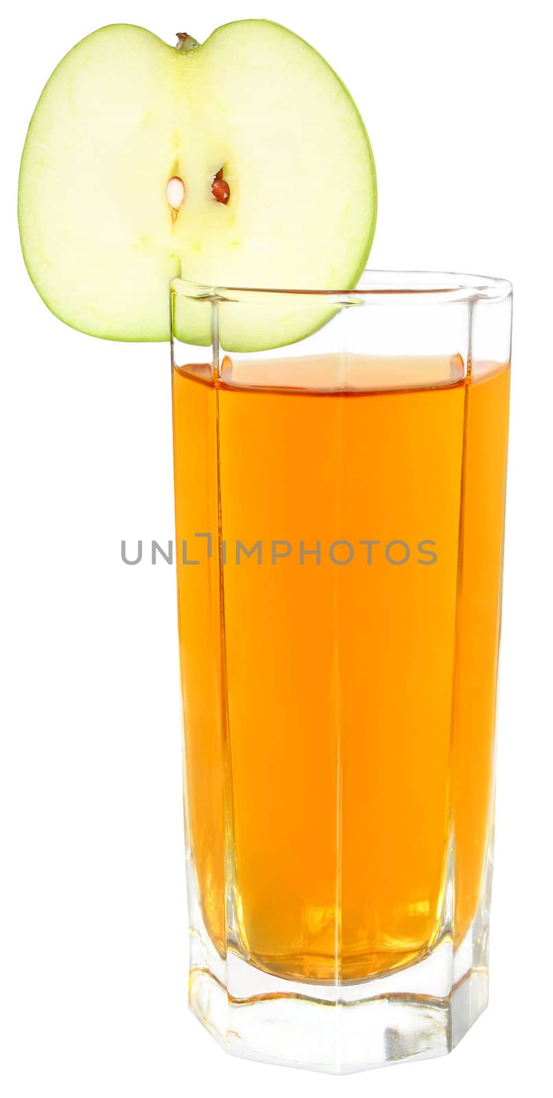 Glass with juice and apple on a white background.