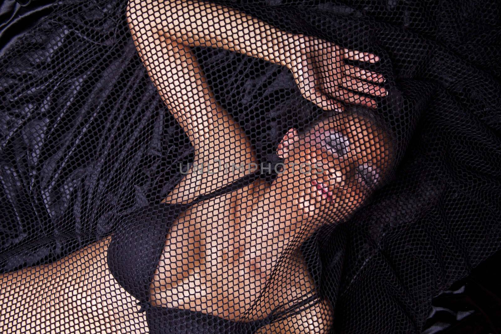 Attractive Woman Trapped In Black Fishnet