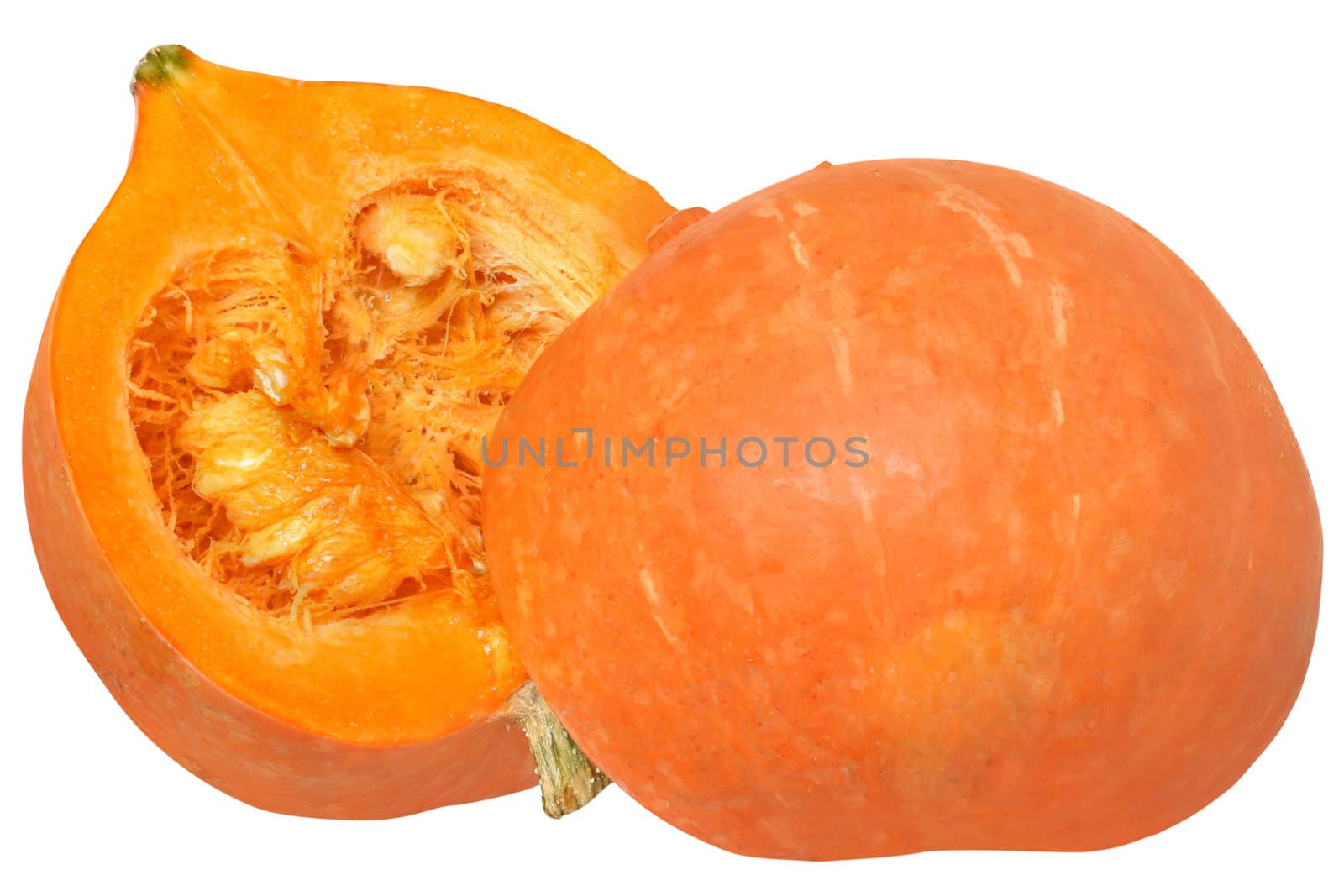 Cut the pumpkin in half isolated on white background.