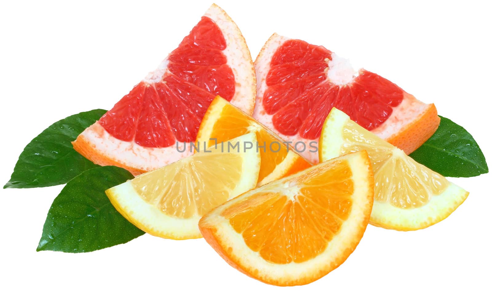 Fresh orange, lemon and grapefruit on a white background.