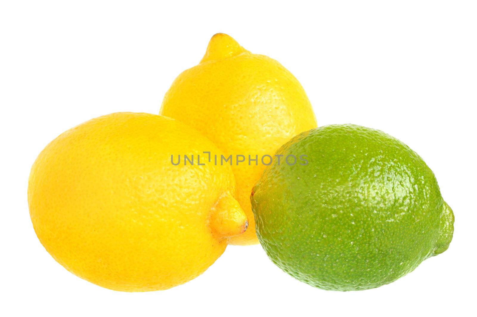 Fresh limes and lemons on a white background.