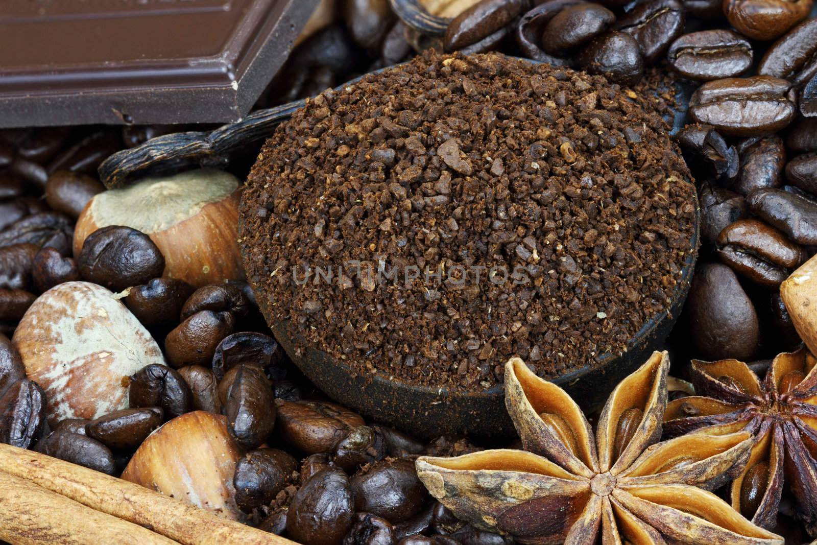 Background of gourmet coffee ingredients: coffee beans, ground coffee, hazelnuts, vanilla and cinnamon bark.