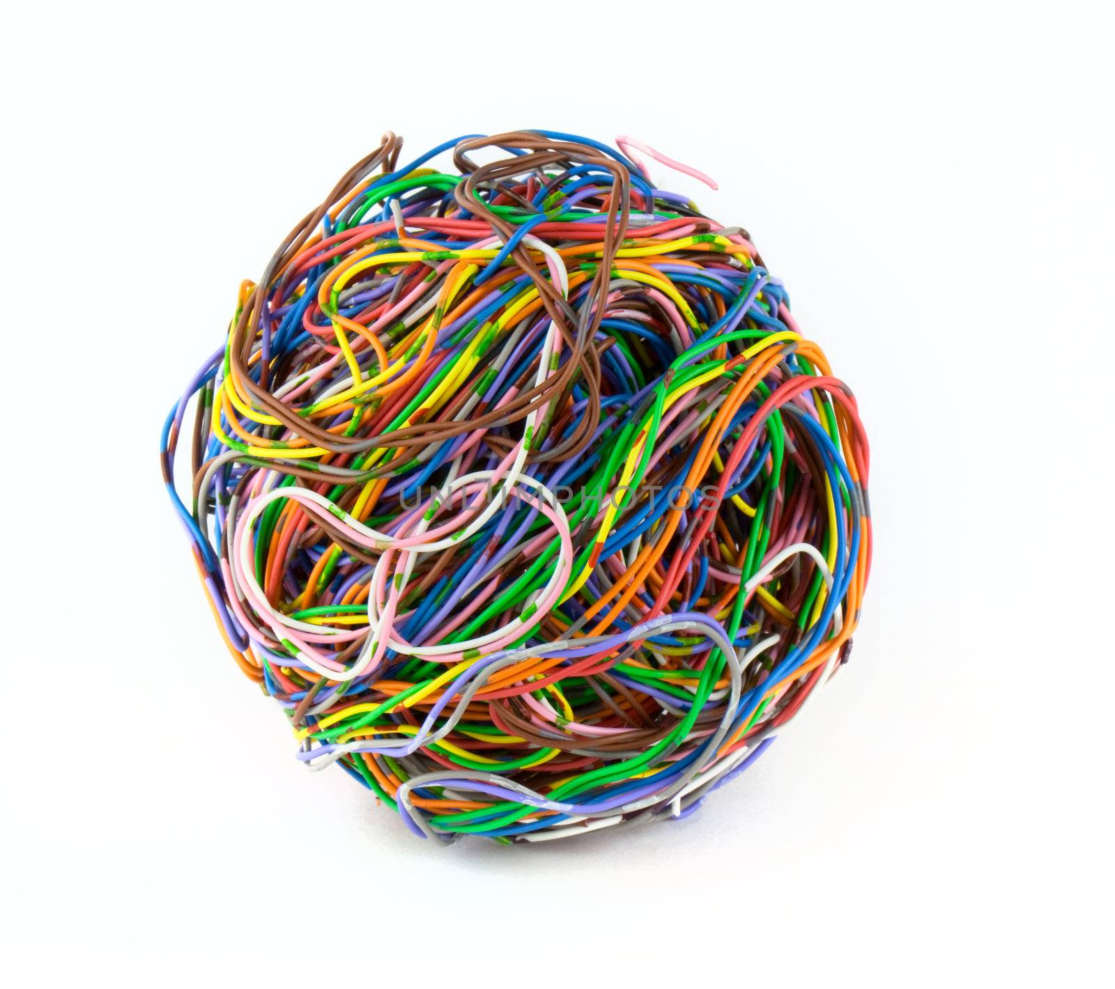 Ball of colored wire isolated on white background
