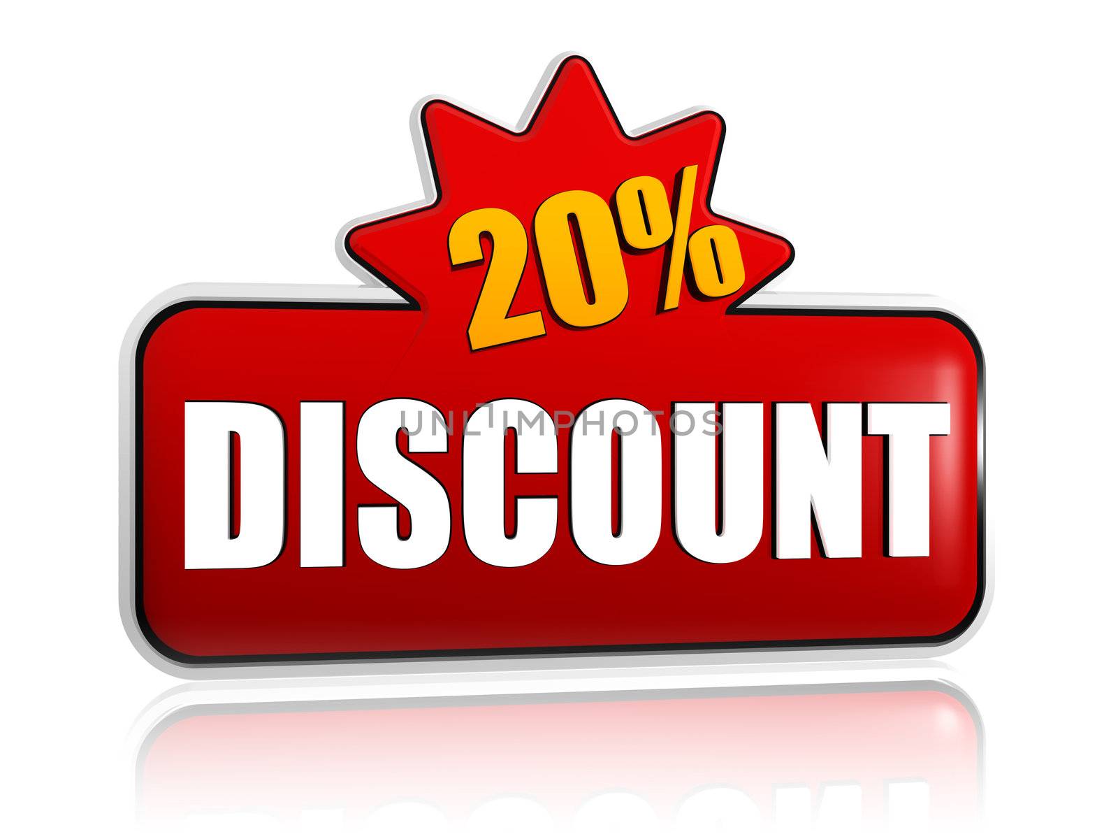 20 percentages discount - text in 3d red banner with star, business concept