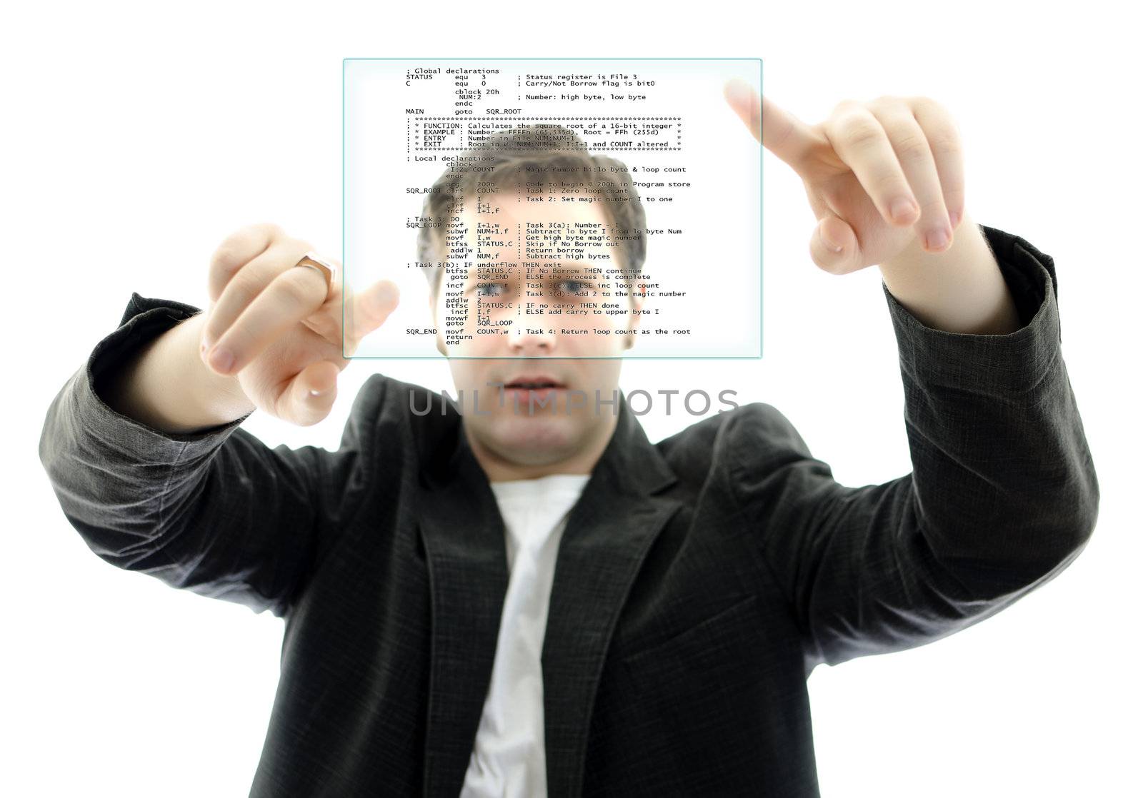 Programmer working with a touch screen interface. Isolated on white.