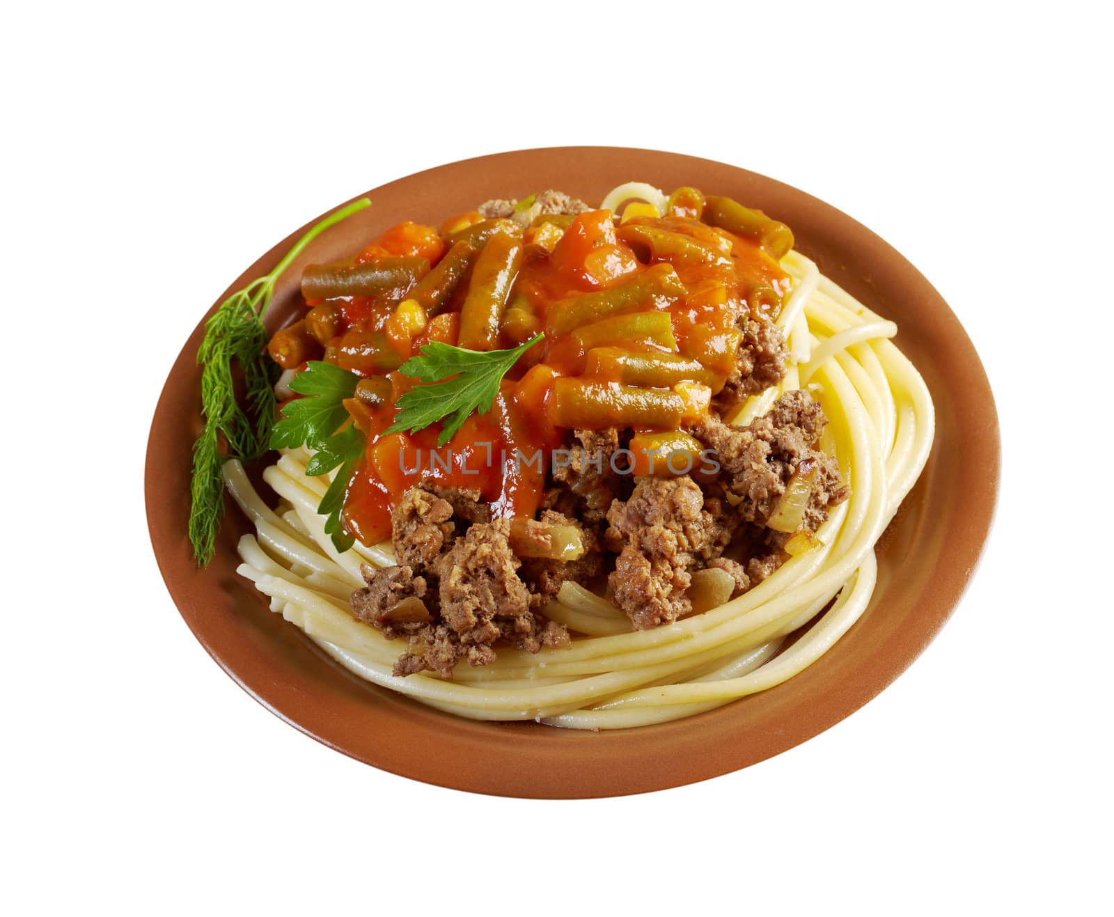  pasta with  beef ,vegetable  tomato sauce  on wooden table