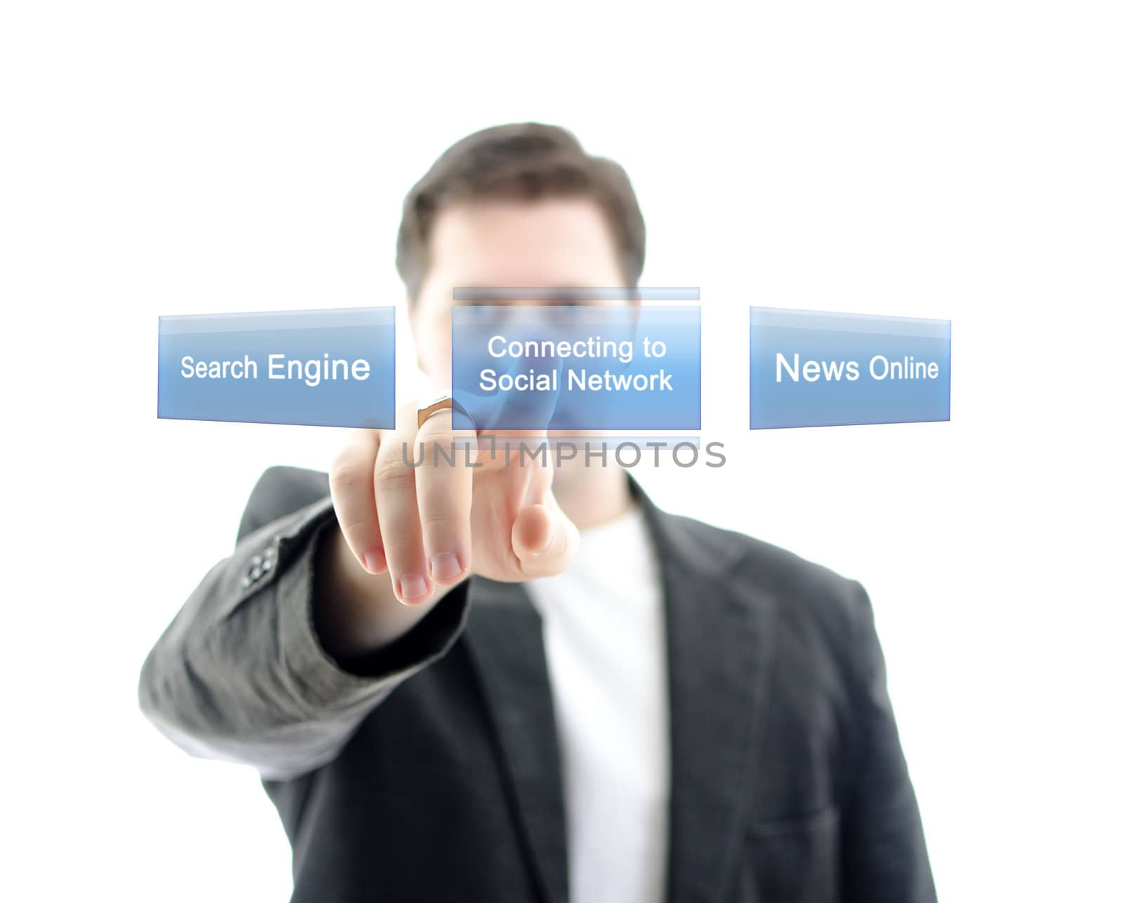 Business man pushing button Social Network on a touch screen interface. Isolated on white.
