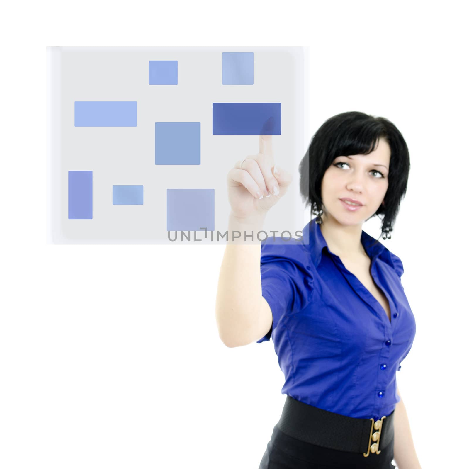 Attractive executive woman pushing on a touch screen interface. Isolated on white.