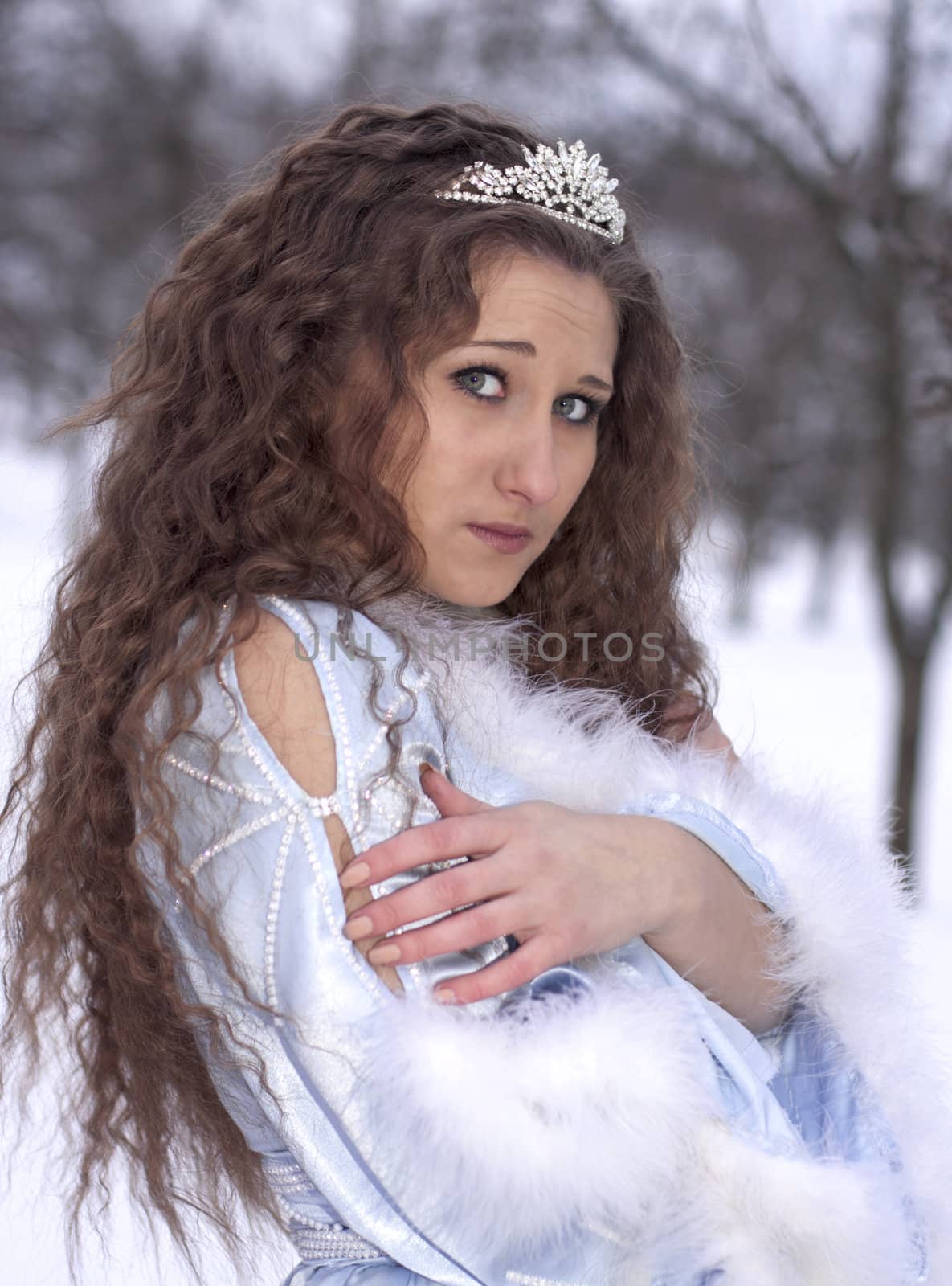 frozen girl dressed as Snow Maiden cold winter