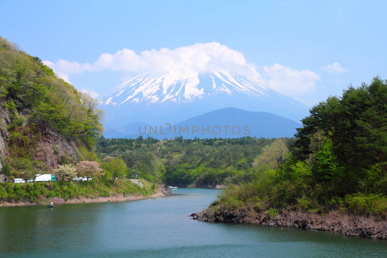 Japan landscape with Mount Fuji - Lake Shoji (Shojiko) and the famous volcano. Part of Fuji Five Lakes in Fuji-Hakone-Izu National Park