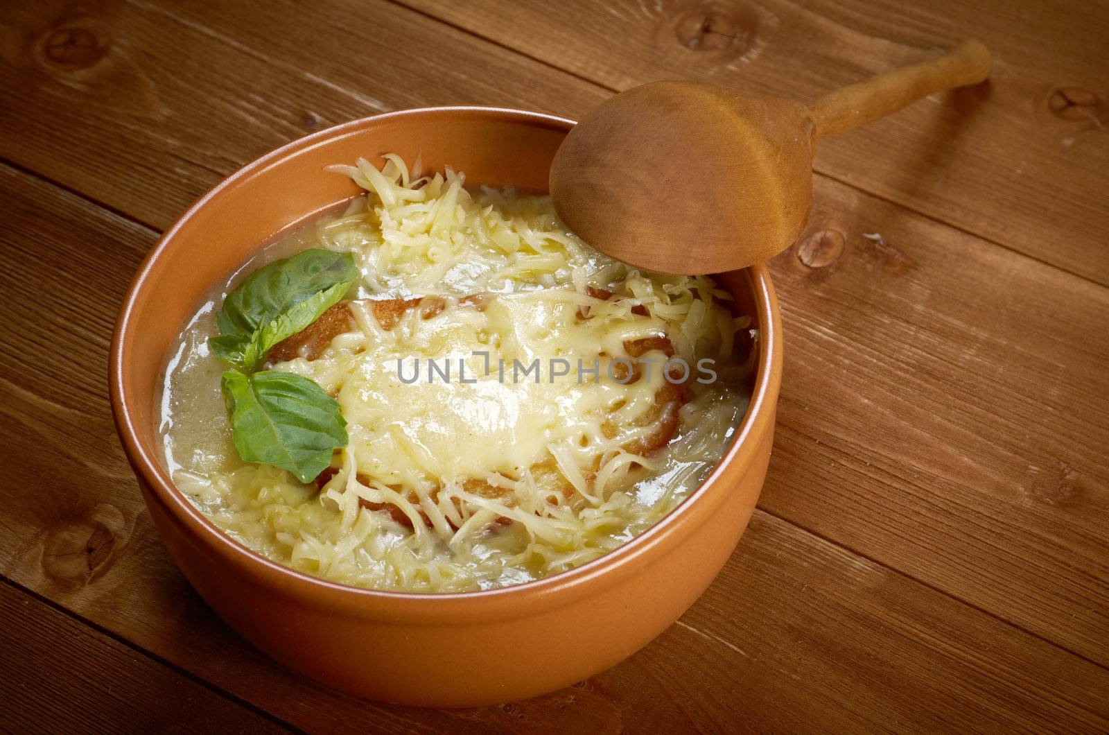 French homemade onion soup ..closeup