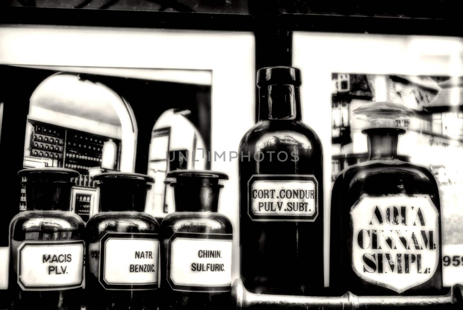 Pharmacy bottles in the window