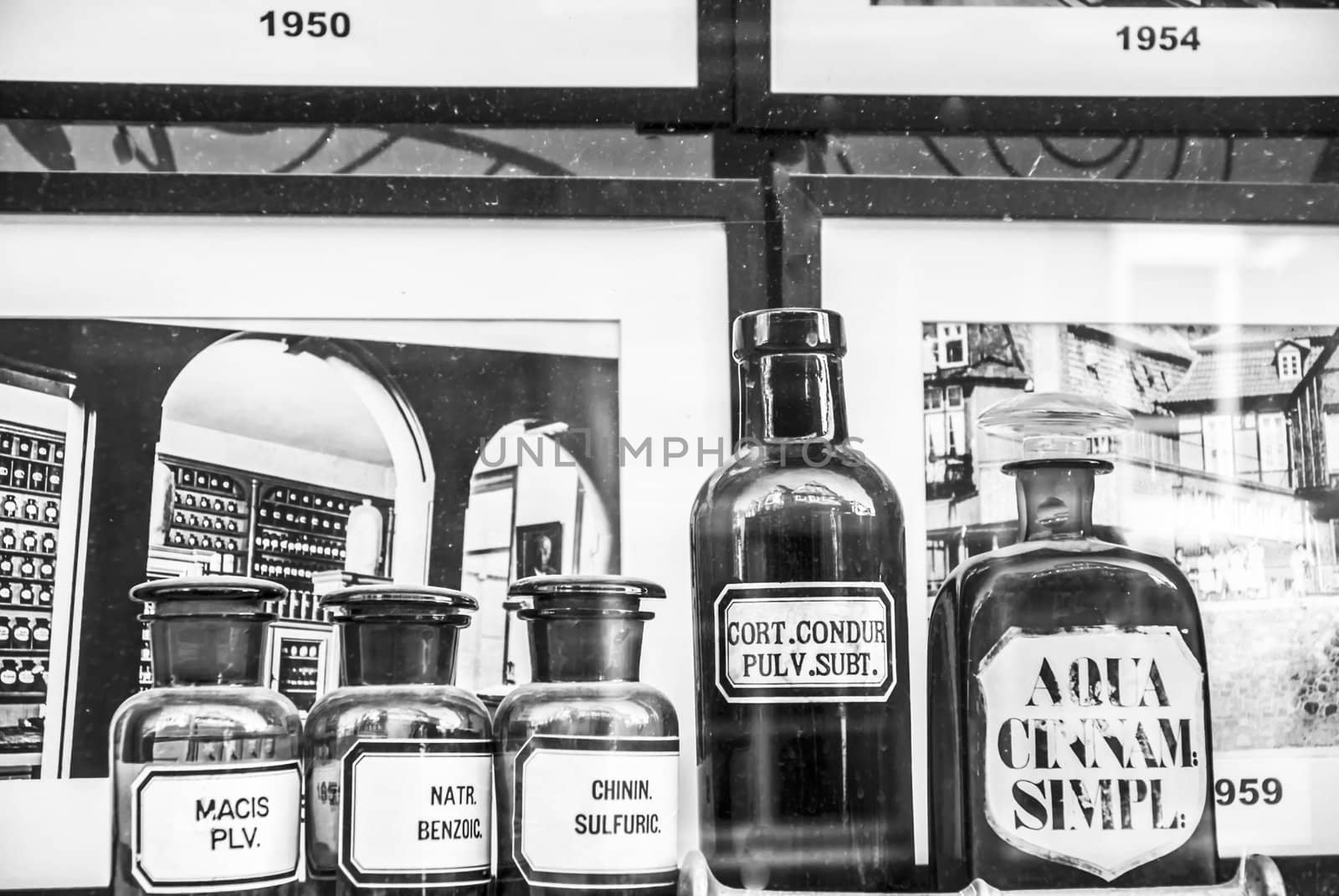 Pharmacy bottles in the window
