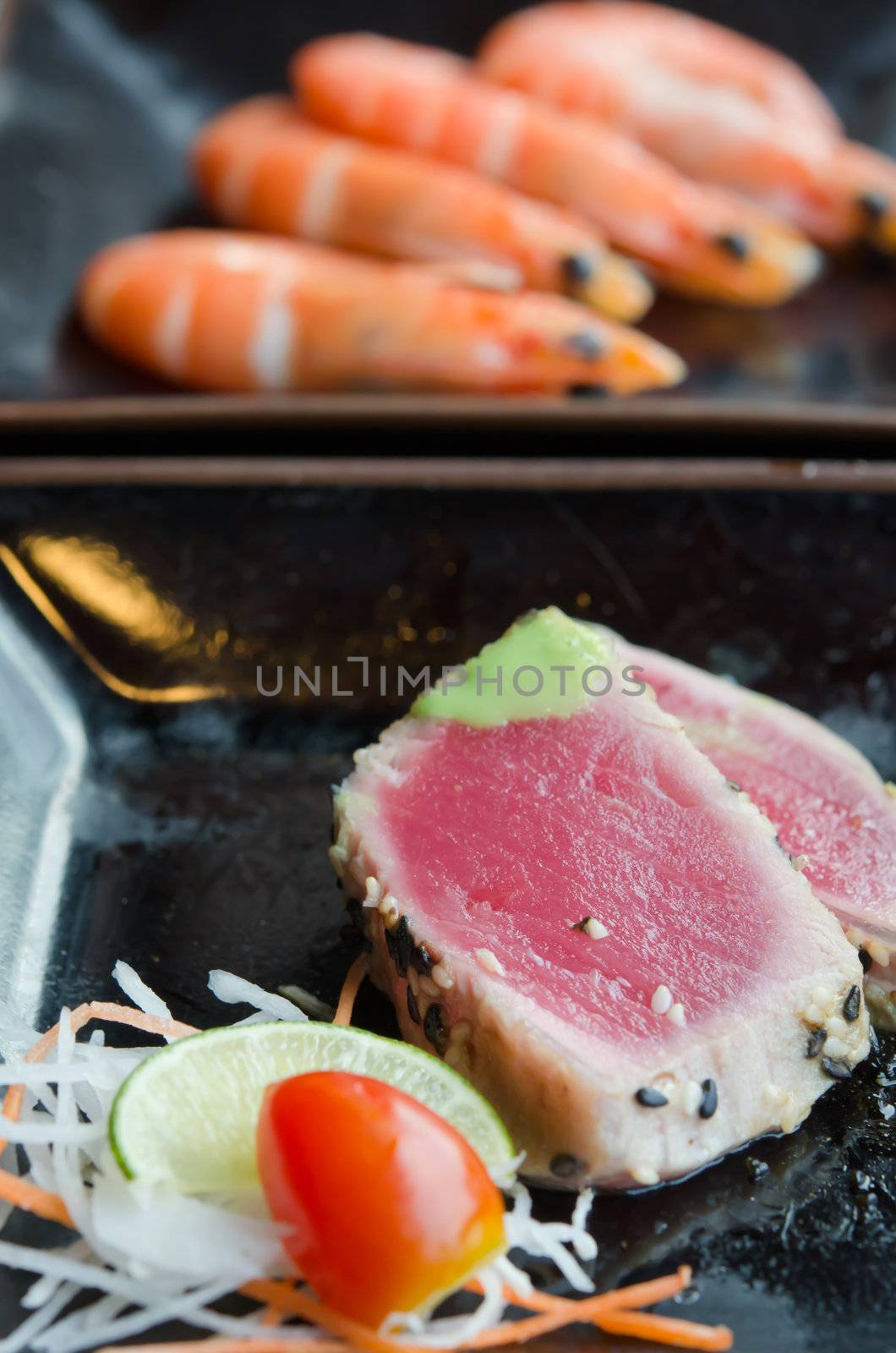 Quick grilled Sashimi, with fresh vegetable  and wasabi