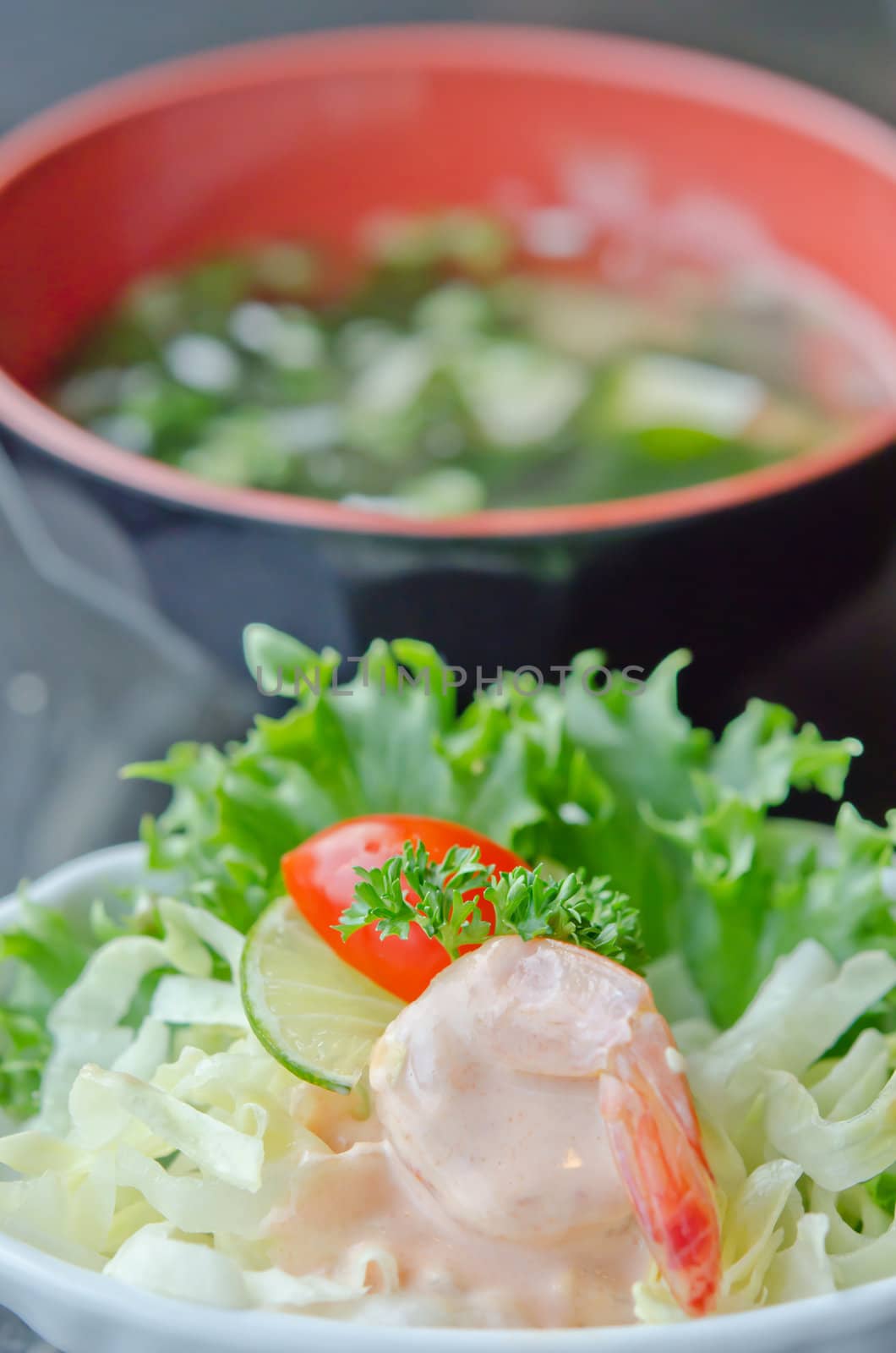 close up vegetable  salad with  prawn , vegetable and white cream sauce