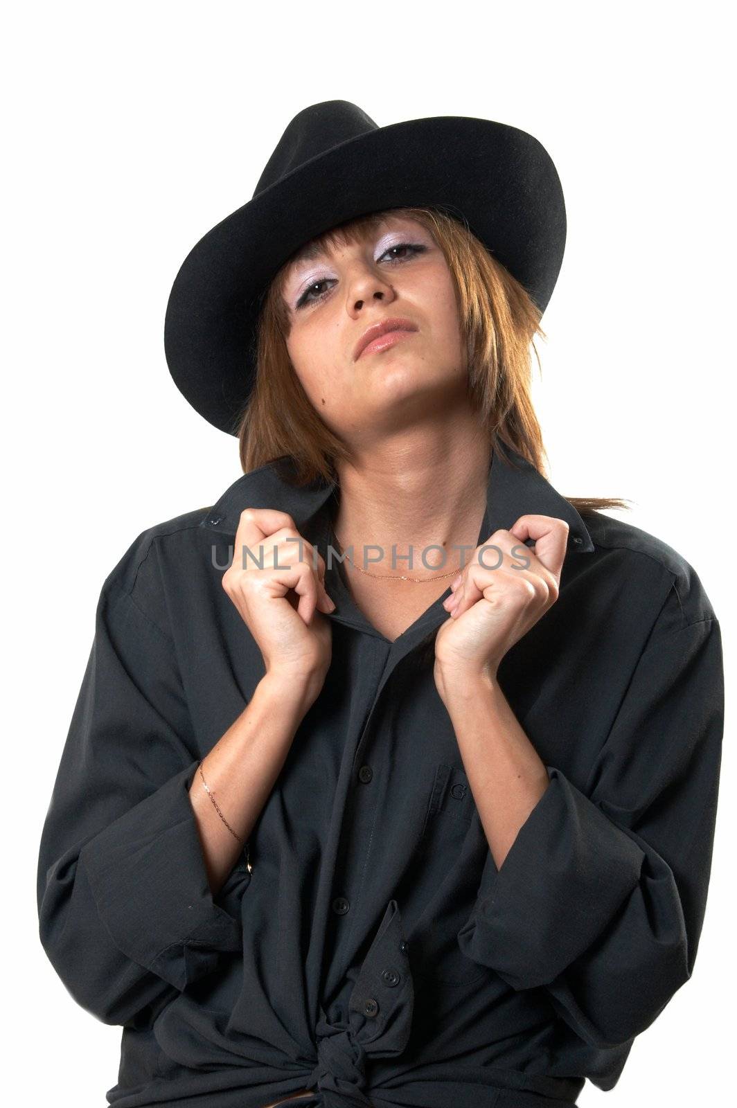 The girl in a black shirt and a cowboy's hat 