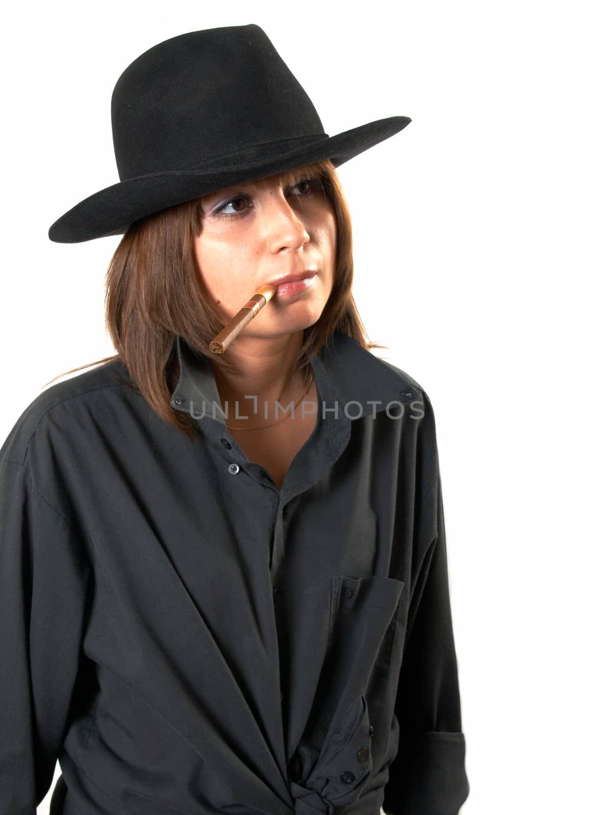 The girl in a black shirt and a cowboy's hat 