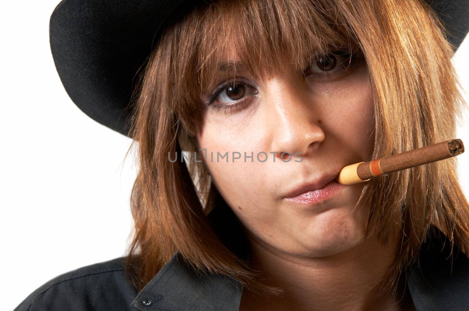 The girl in a black shirt and a cowboy's hat 