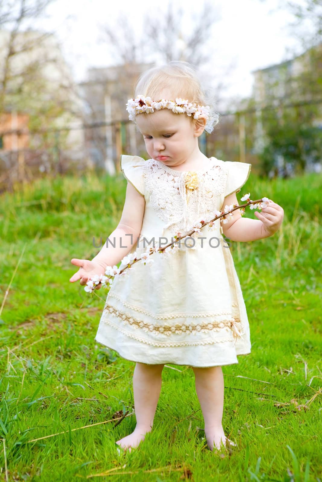 small barefooted girl with flowered branch of apricot tree