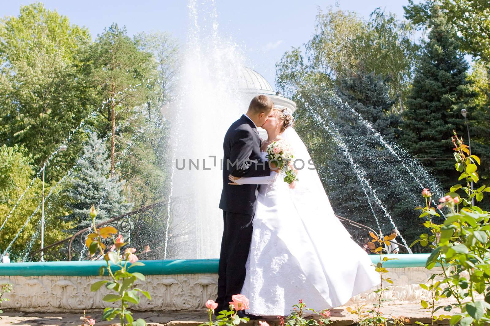 The groom kisses the bride in park.