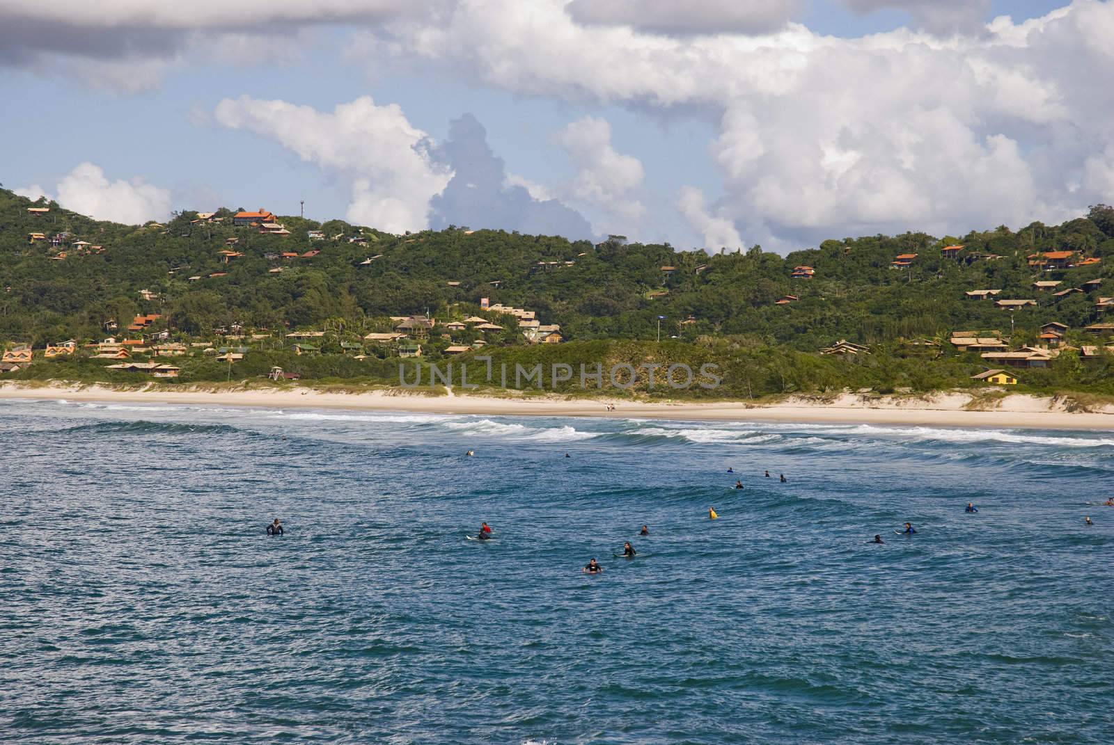 Wide angle shot of bay with several surfers in the water.