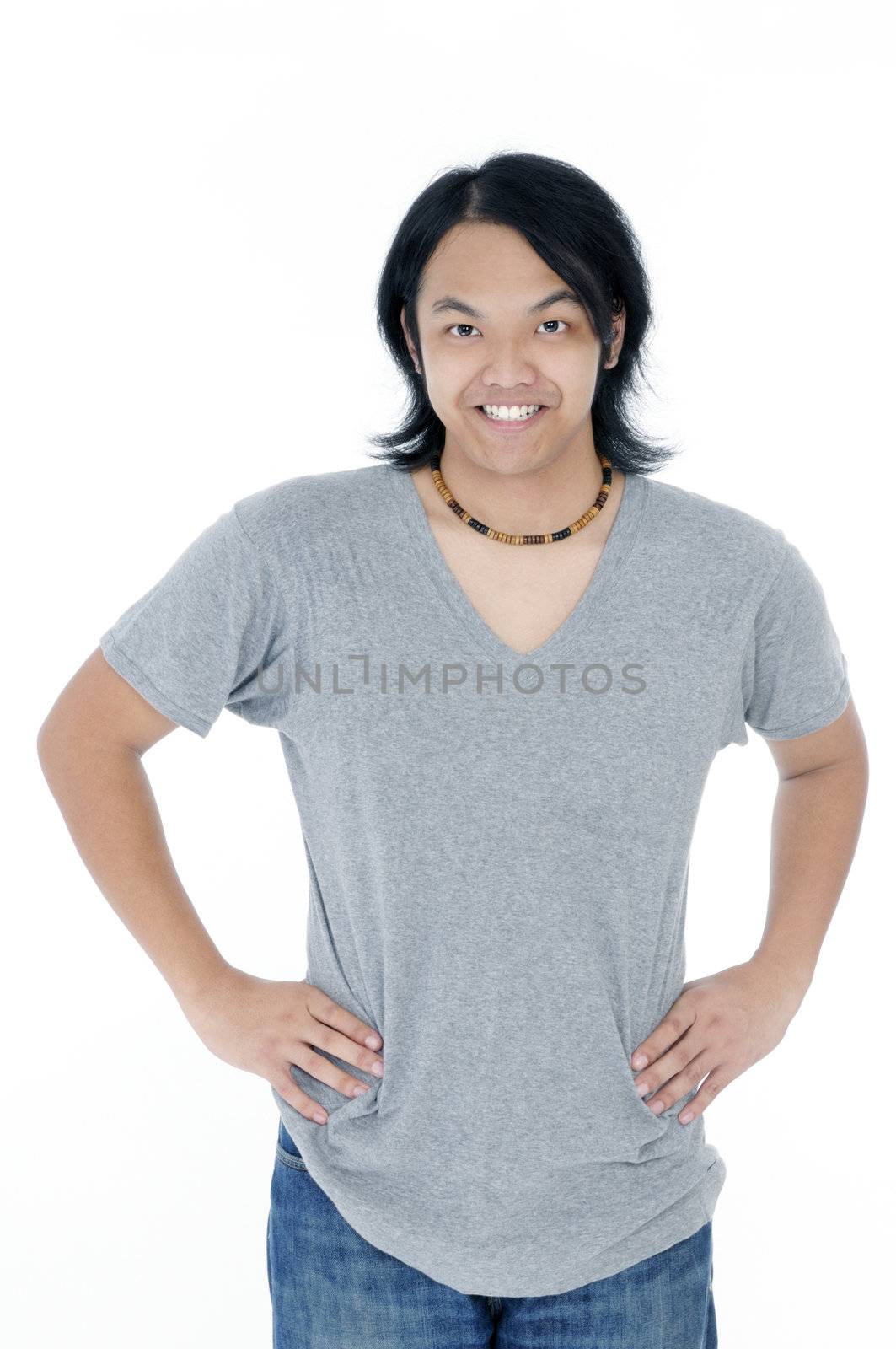 Portrait of a handsome young Asian man smiling over white background.