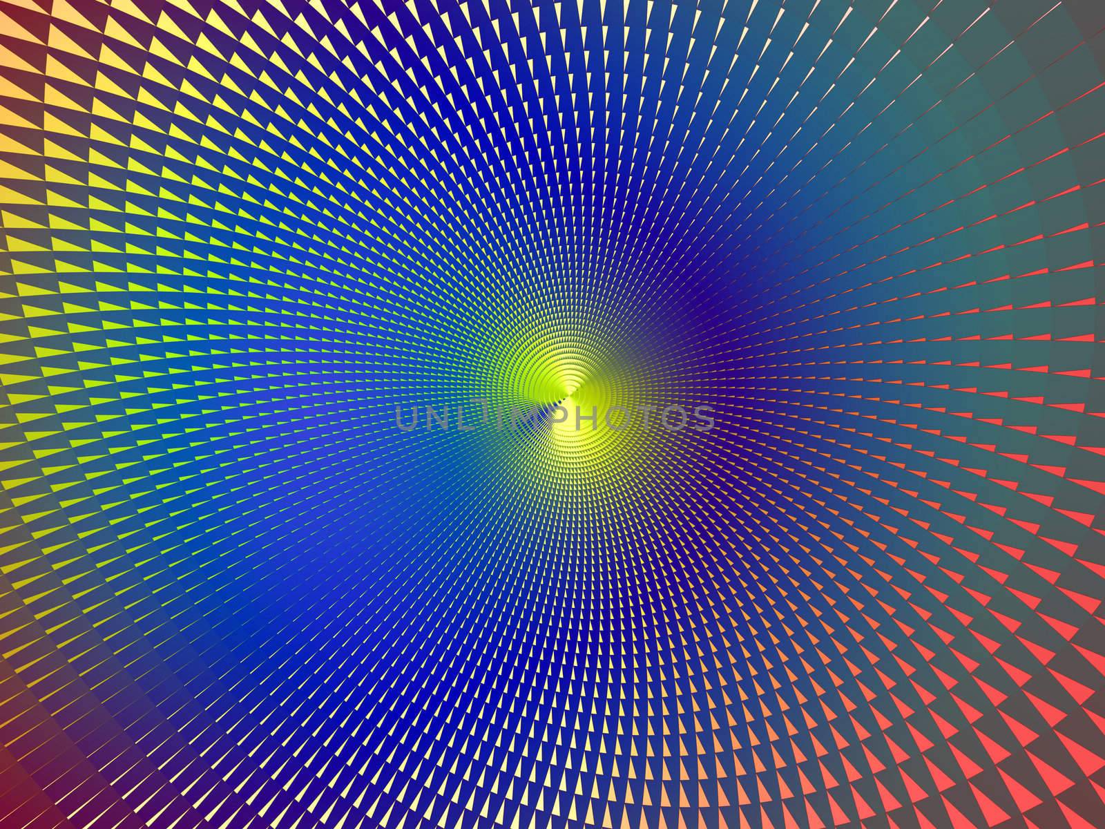 Rendering of section of metallic three dimensional circular mesh suitable as a background screen