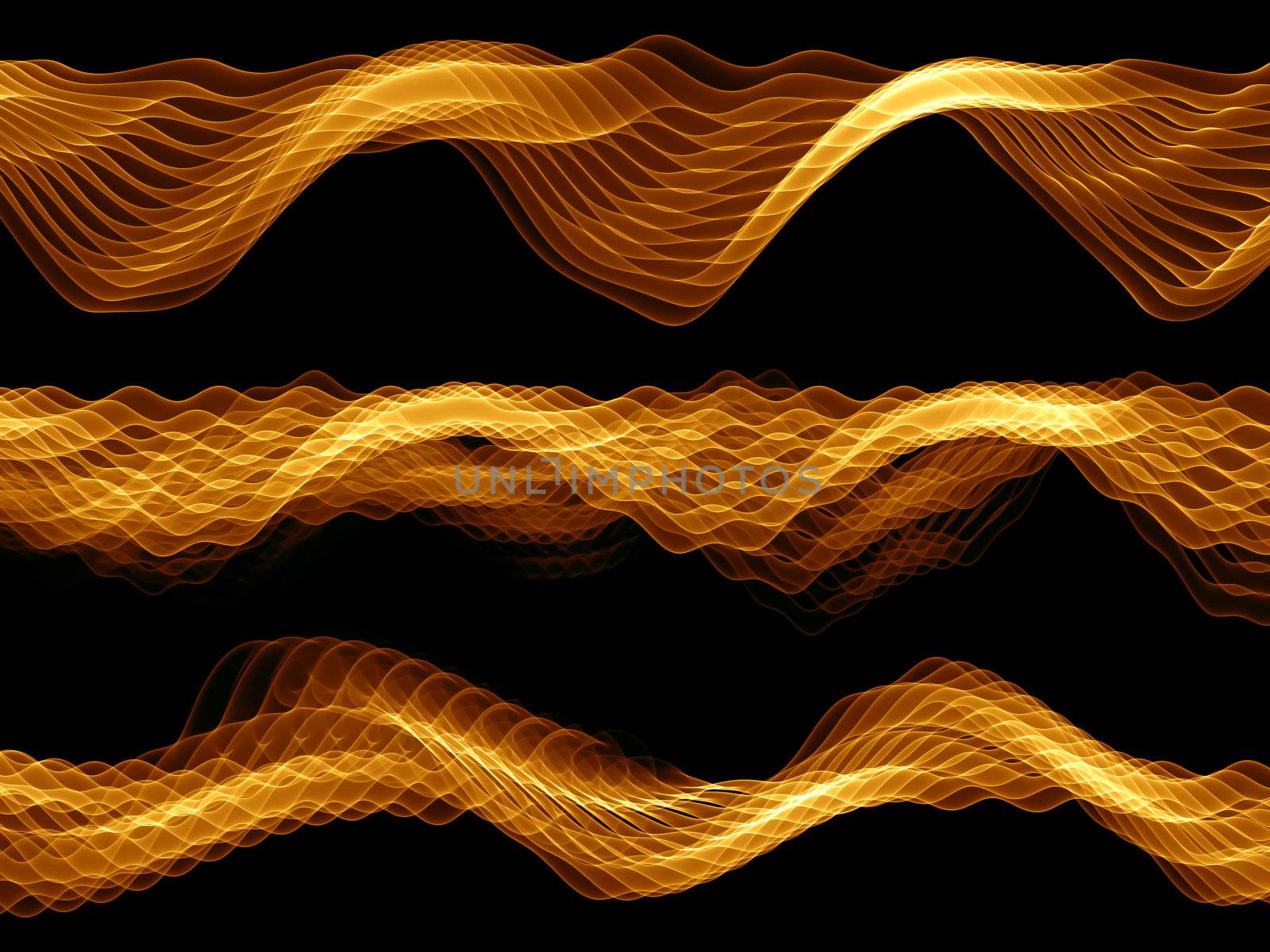 Abstract sine waves rendered in gold against black background