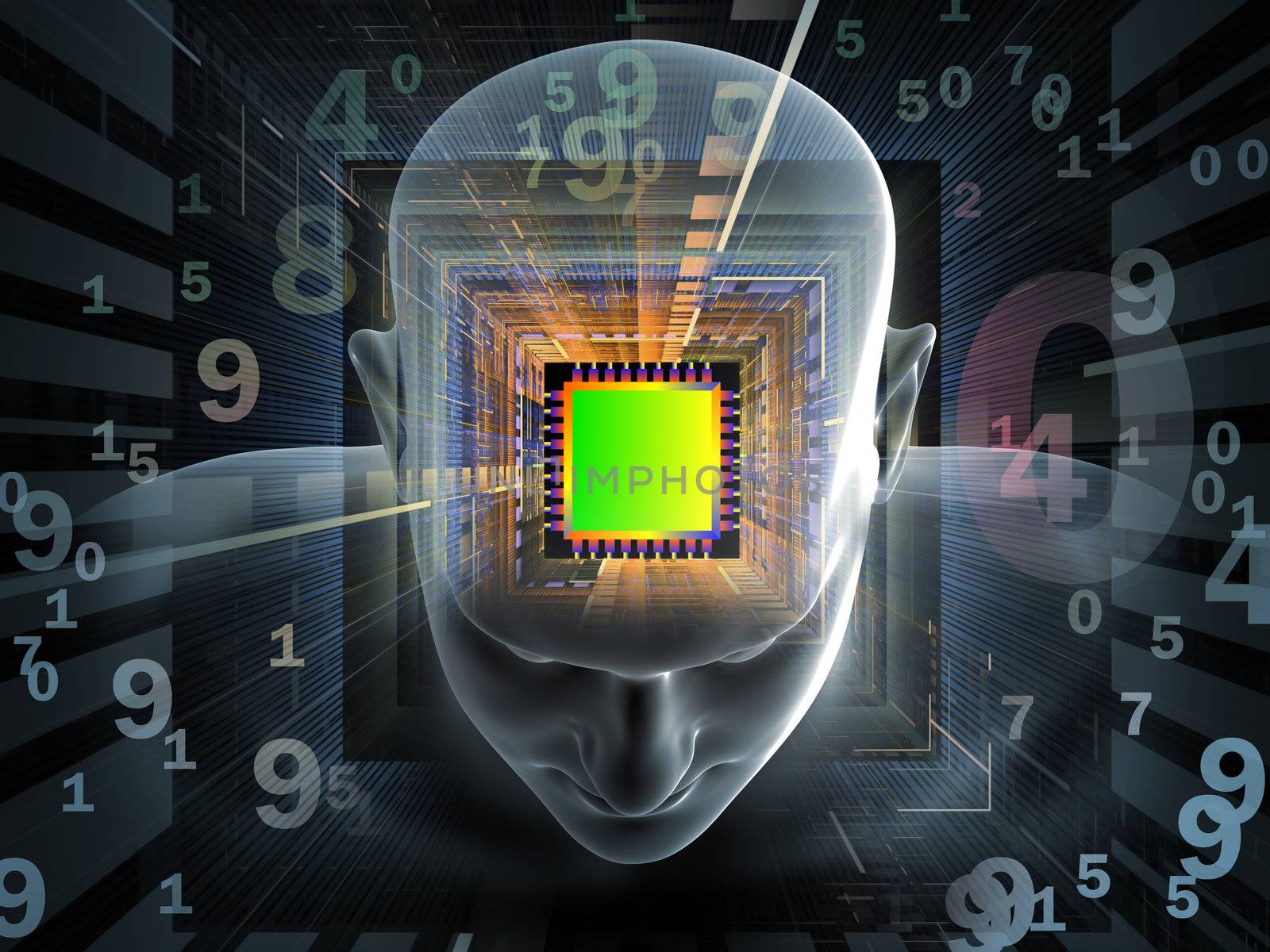 Collage of human head, computer chip, digits and various abstract elements on the subject of intelligence, science, technology, human and artificial mind