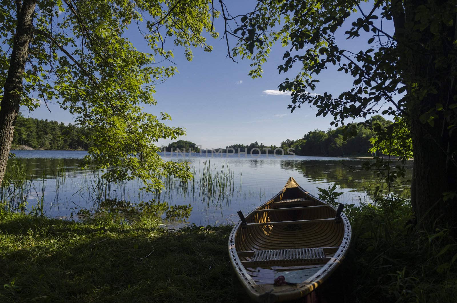 Morning light on a canoe on the northern lake shoreline