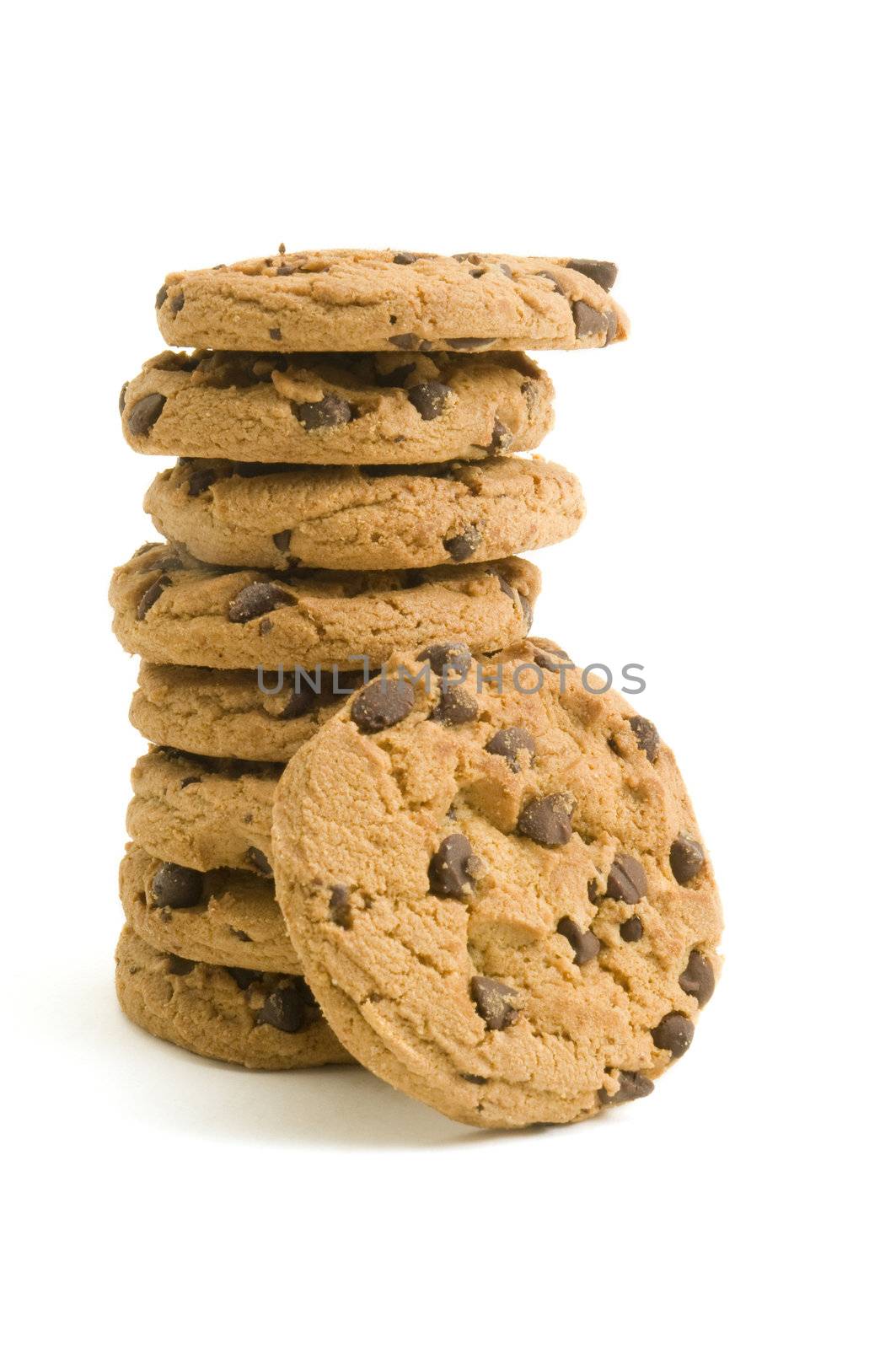 Stack of chocolate chip cookies on white background with copy space