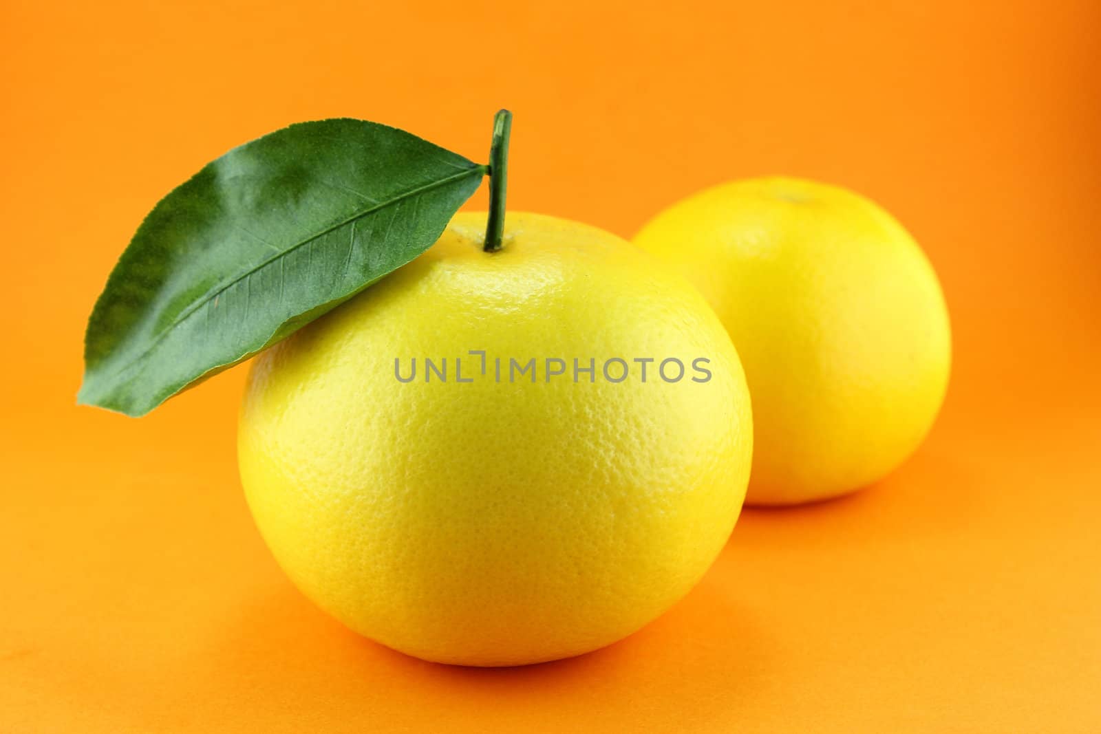 Ripe appetizing grapefruit with leaf on orange background.