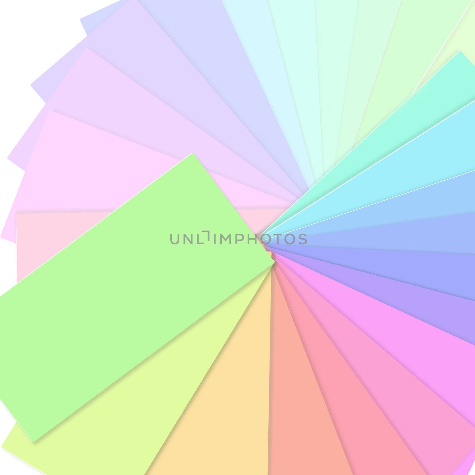 Illustration depicting a fan of colour swatch cards arranged over white.