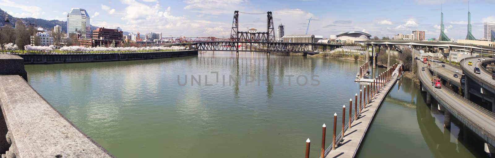 Waterfront Park and Eastbank Esplanade Along Willamette River from Burnside Bridge Portland Oregon Panorama