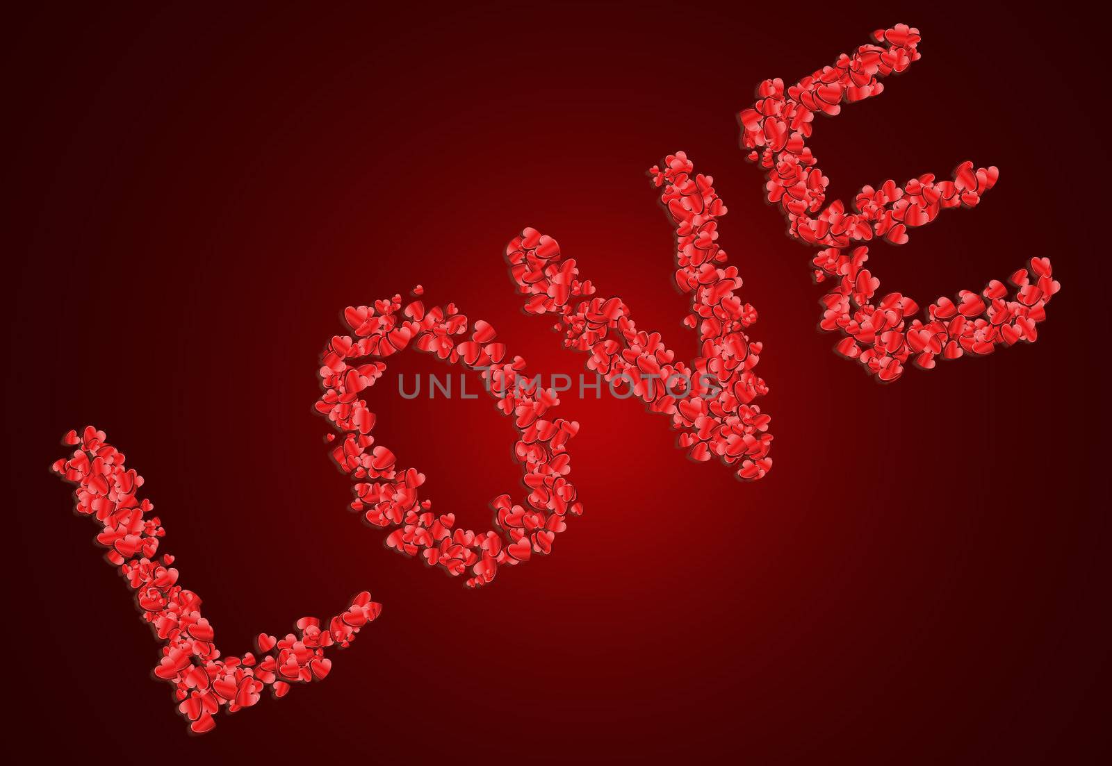 Illustration depicting many red coloured love hearts arranged to spell the word 'love' over dark red.