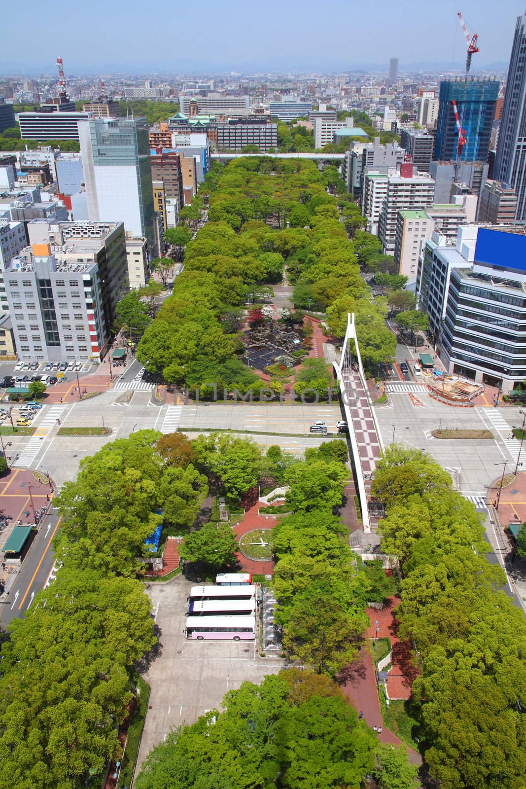 Nagoya, Japan - city in the region of Chubu in Aichi prefecture. Aerial view with Central Park.