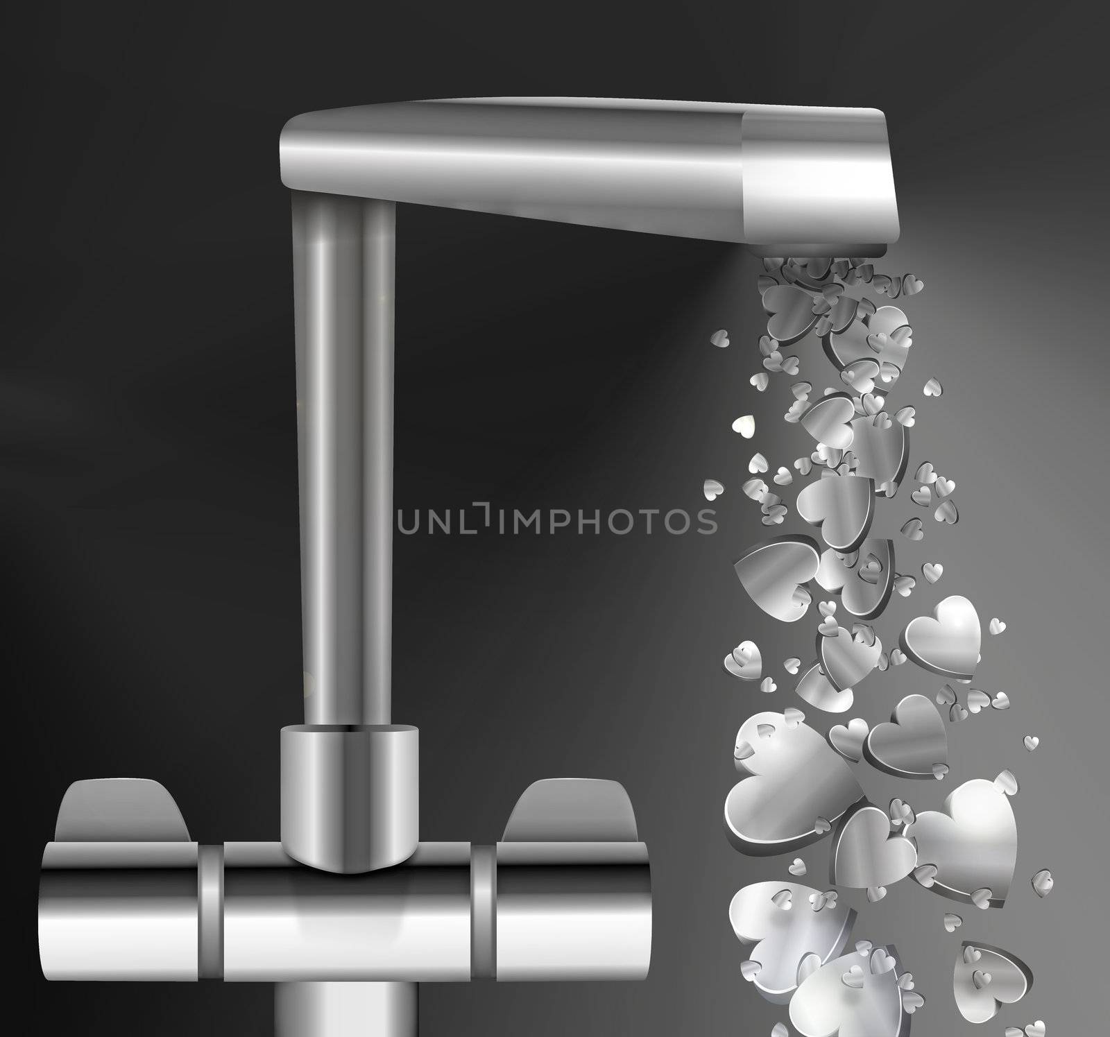 Illustration depicting a chrome water tap with metallic silver love hearts flowing from the spout against a dark background.