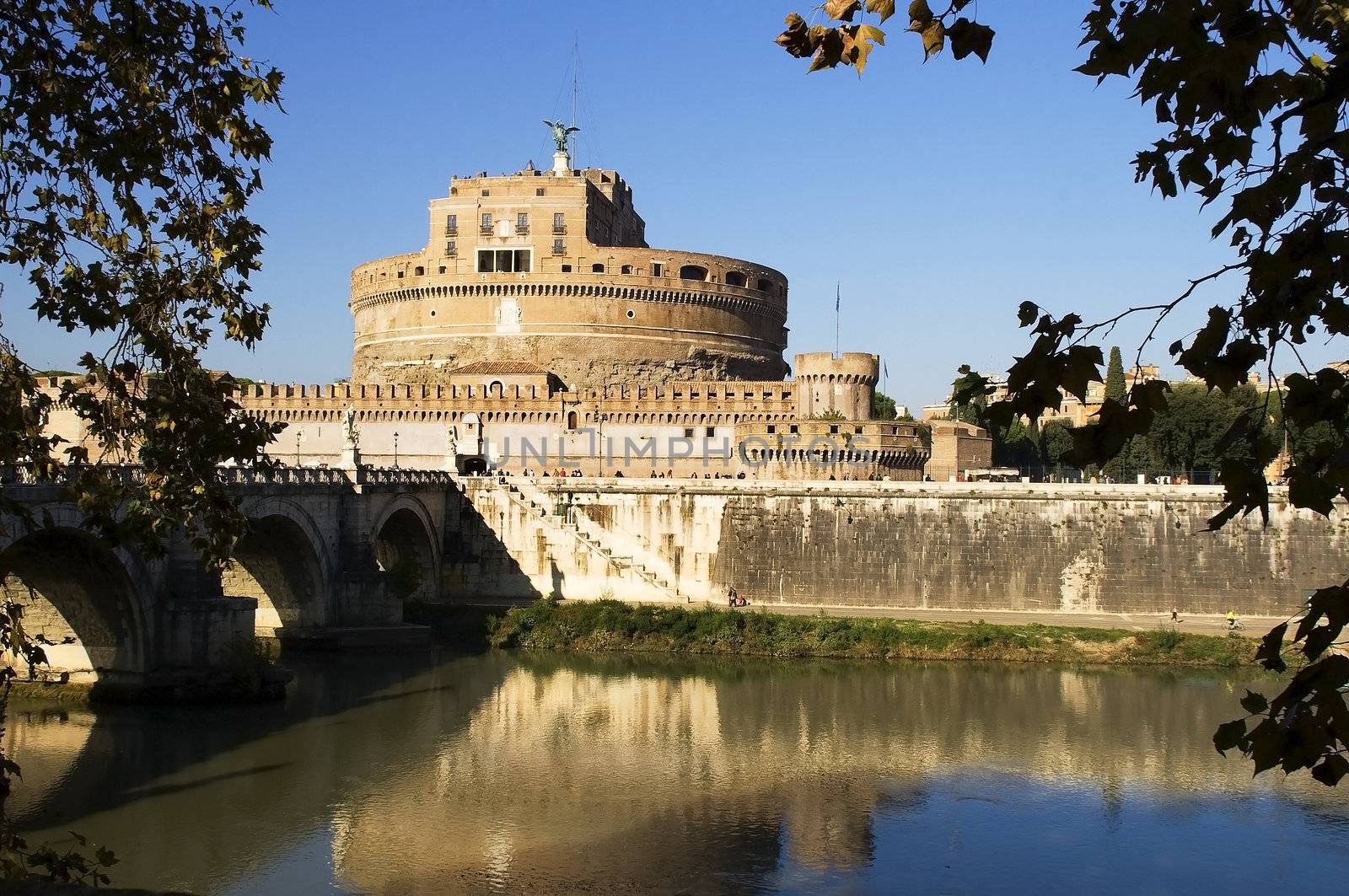 View of Castle Sant'Angelo, the Tiber River and Bridge, Rome, Italy