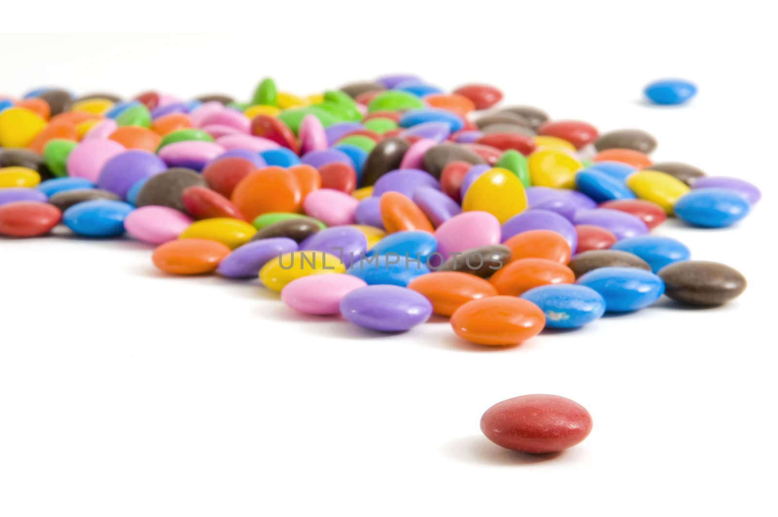 Selective focus on the foreground red coloured candy coated chocolate.