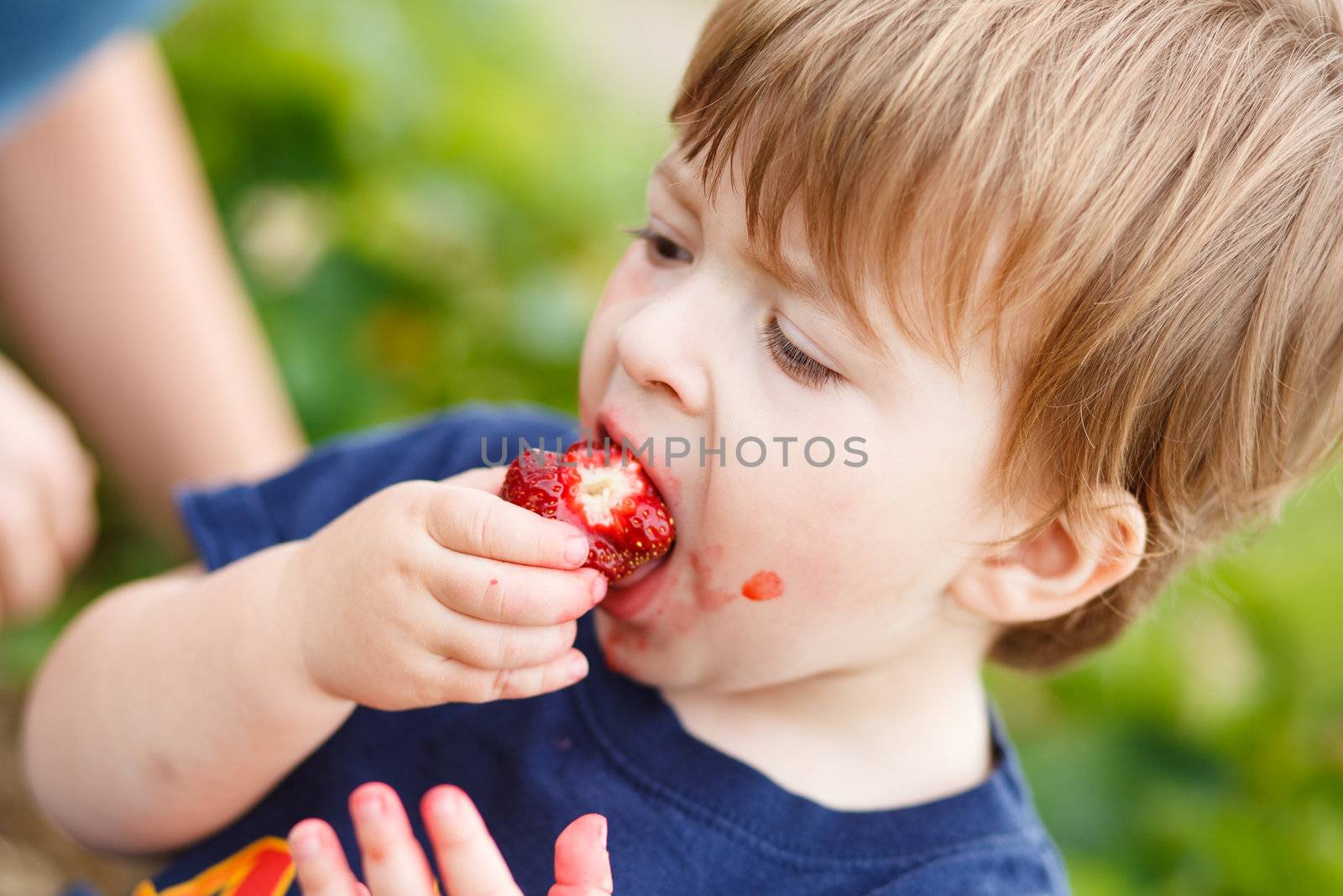 Boy eating a strawberry by Talanis