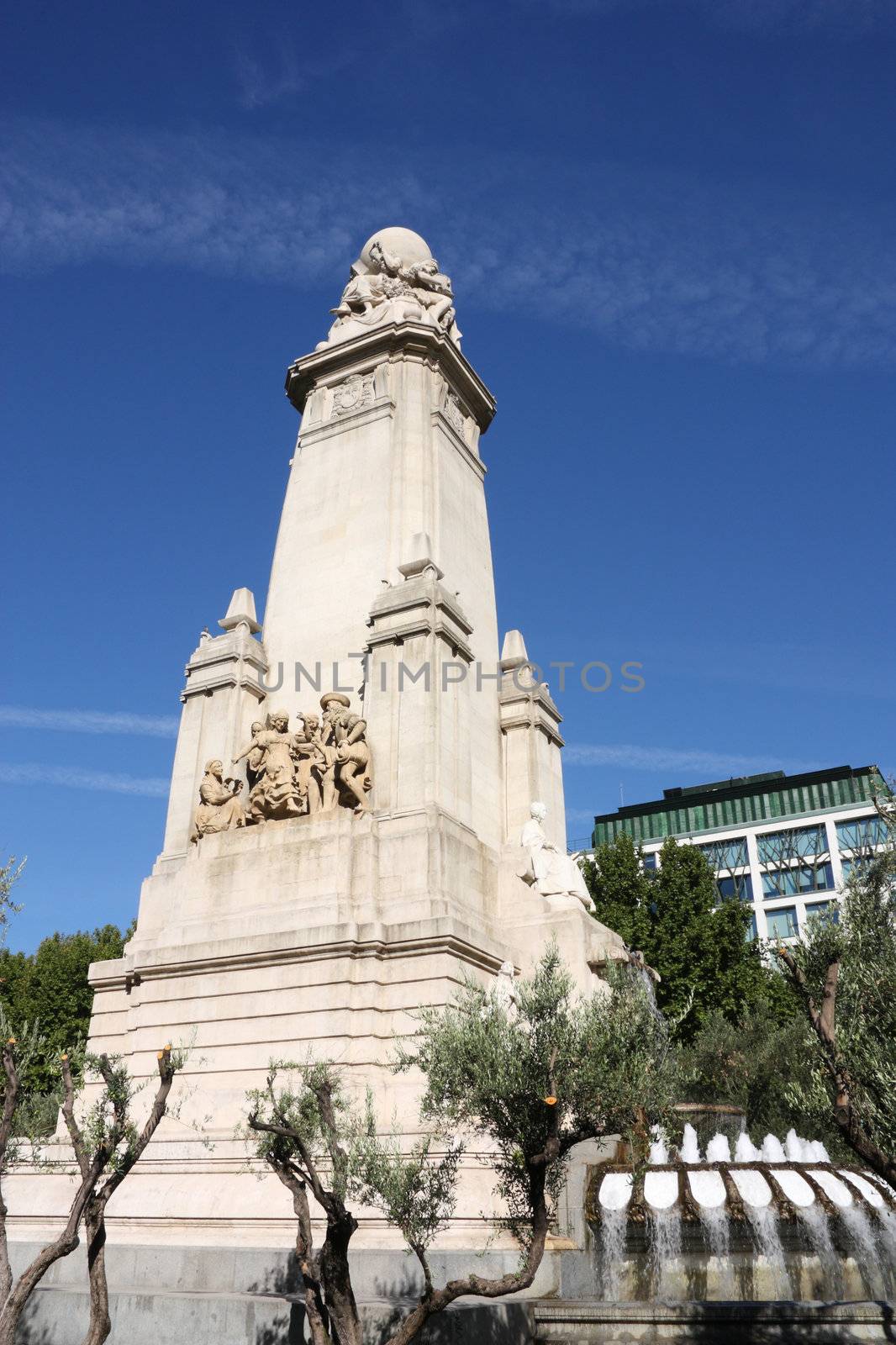 Madrid - fountain and Cervantes Monument at Plaza Espana
