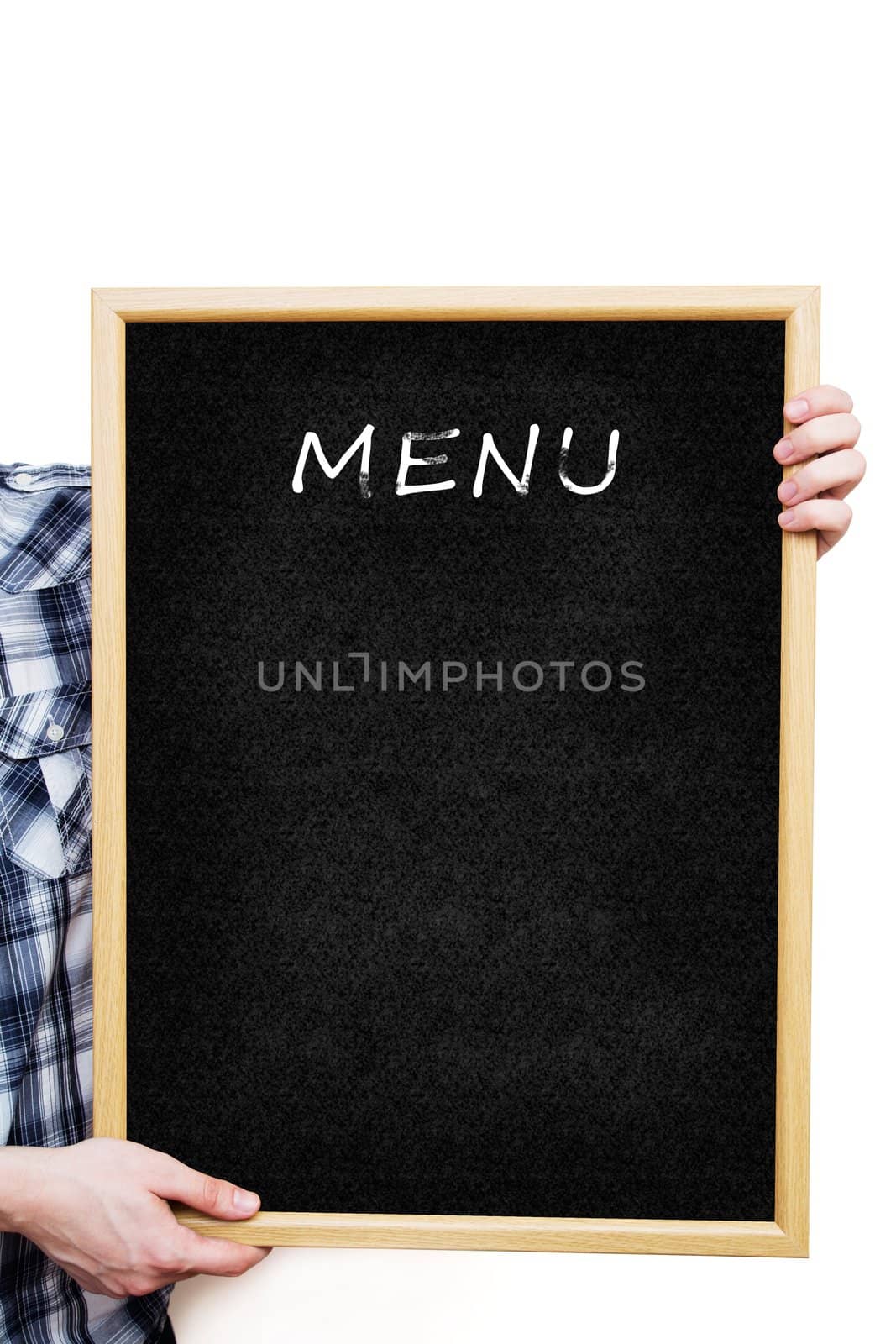 Man holding a blank black board, showing an empty menu  by simpson33